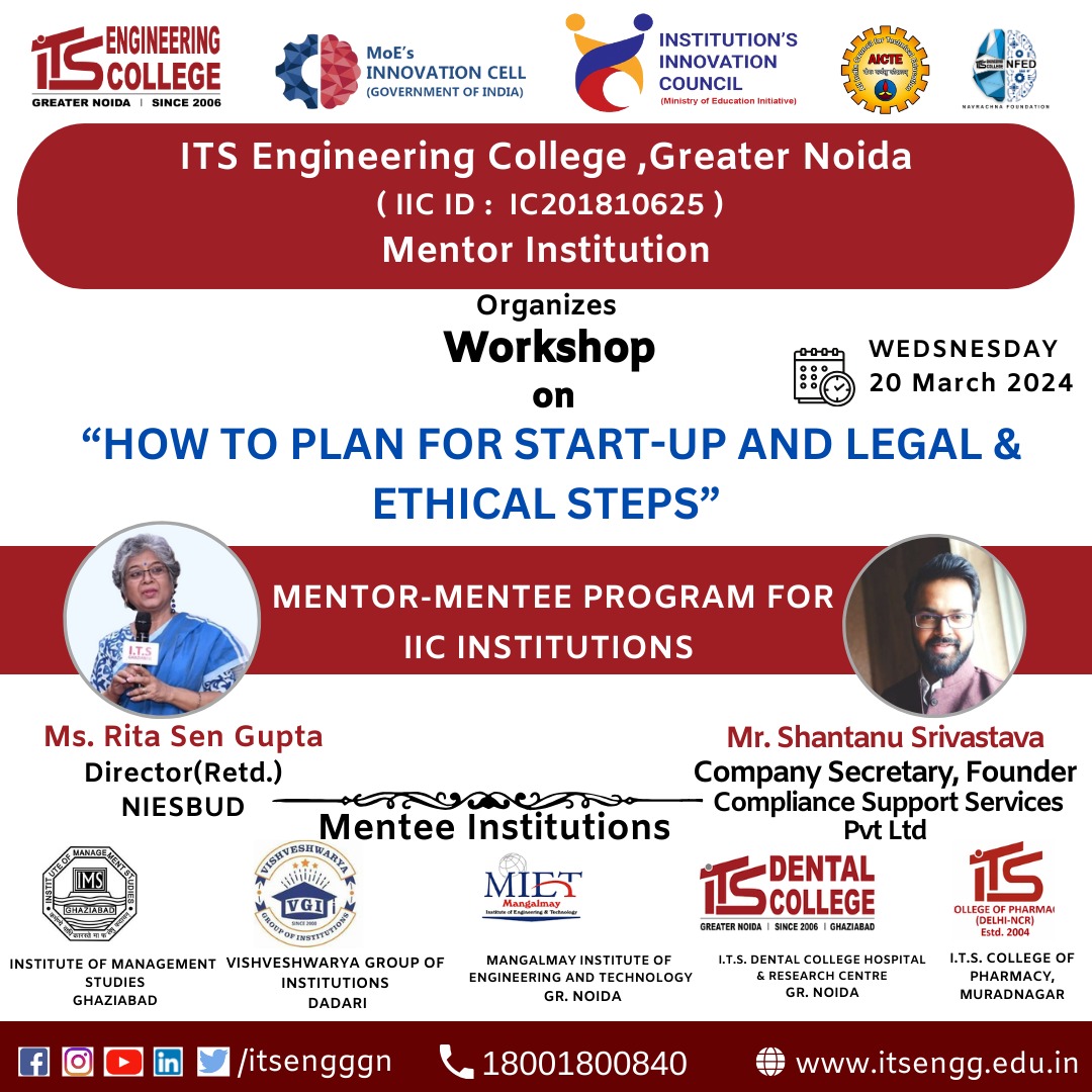 ITSEngggn's tweet photo. Institution's Innovation Council (IIC) of ITS Engineering College Greater Noida organises Workshop on “How to plan for Start-up and legal & Ethical Steps” as a calendar activity, on 20 March 2024, Wednesday under MIC & AICTE Mentor- Mentee Scheme.
#ITSEngineeringCollege https://t.co/BwPoBFMTPn