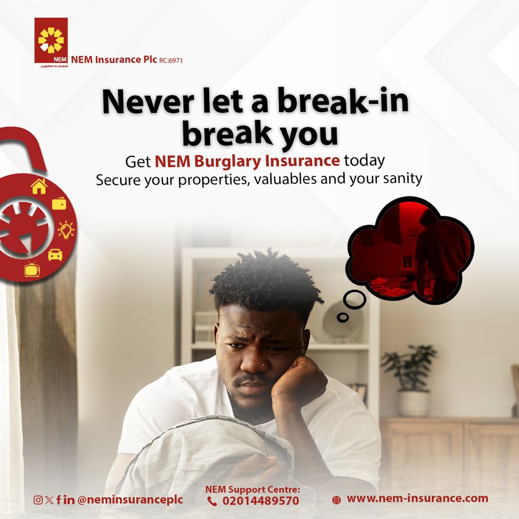 Protect your peace of mind with NEM Burglary Insurance and secure your business, properties and valuables. Send us a DM today! #BurglaryInsurance #NEMInsurancePlc #benemsure