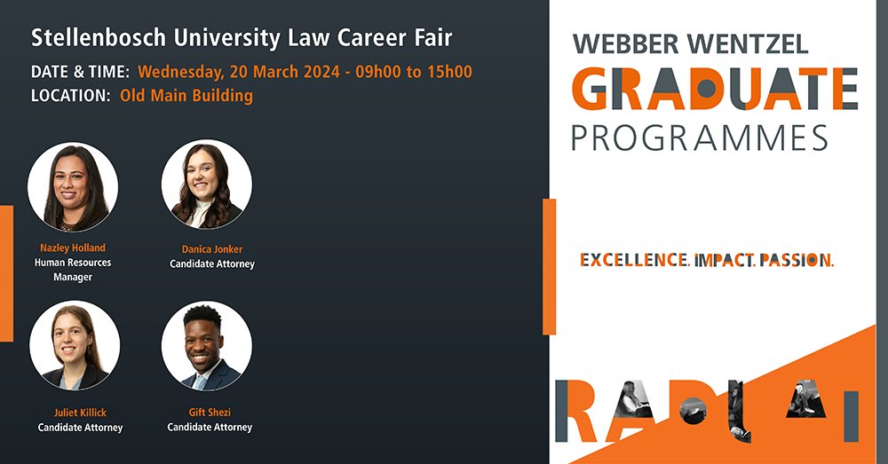 webberwentzel's tweet photo. Attention Stellenbosch University law students! Join us on campus at the Law Career Fair on Wednesday, 20 March 2024, from 9h00 to 15h00.
Don’t miss this opportunity to learn and network! See you there!
#WWCAprogramme #Stellies #CorporateLaw #GraduateRecruitment https://t.co/Q26sDejLmO
