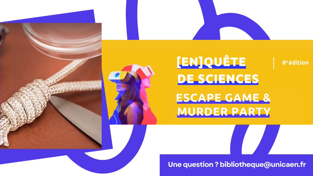 BibUnicaen's tweet photo. Soirée #EscapeGame et #Murderparty à la #Bibliothèque Rosalind-Franklin !
20 mars · 17h-22h30
Sur inscription https://t.co/26iD6oWZ3J
🧪 "Meurtre au laboratoire" · @SciencesCaen 
🚀 "[E]Space Game" · Étudiants en Licence 3 Physique
❓ "Homère m'a tuer" · #LASLAR &amp; @CemuCaen https://t.co/tRrNz5NPYH