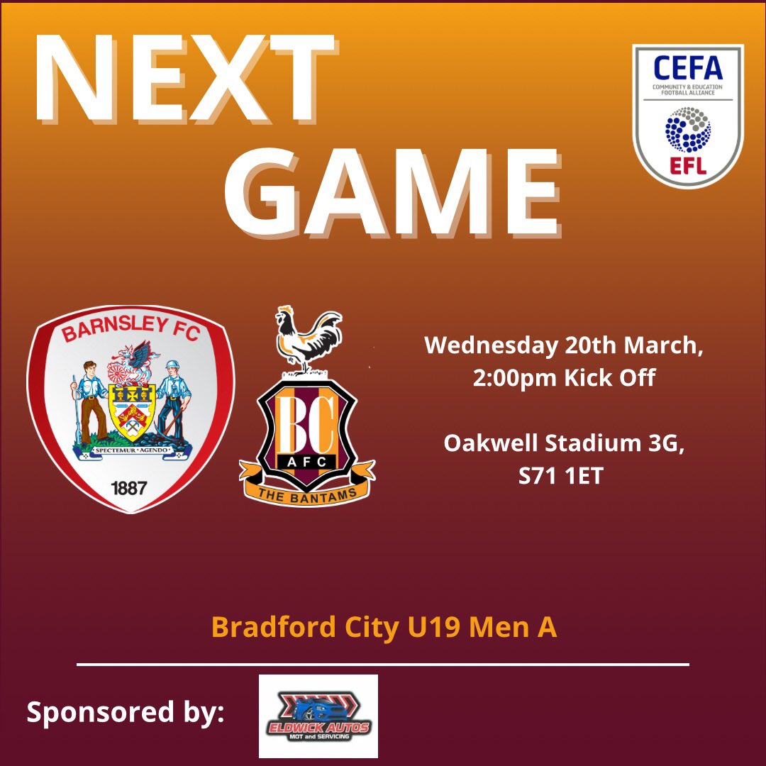 ⚽️ | FIXTURES Our U19 Men A team travel South Yorkshire tomorrow to take on Barnsley FC 🤝 Good luck lads🤞 #BCAFC | @EFLCEFA