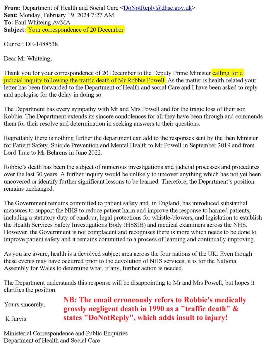 Pls RT: Please afford me the courtesy of a response Mr Whiteing [@AvMA_CEO]! Why have you also refused my request to respond to the dismissive email from @DHSCgovuk in response to your letter below to @OliverDowden & also refused to highlight Robbie's case on @AvMAuk's website?