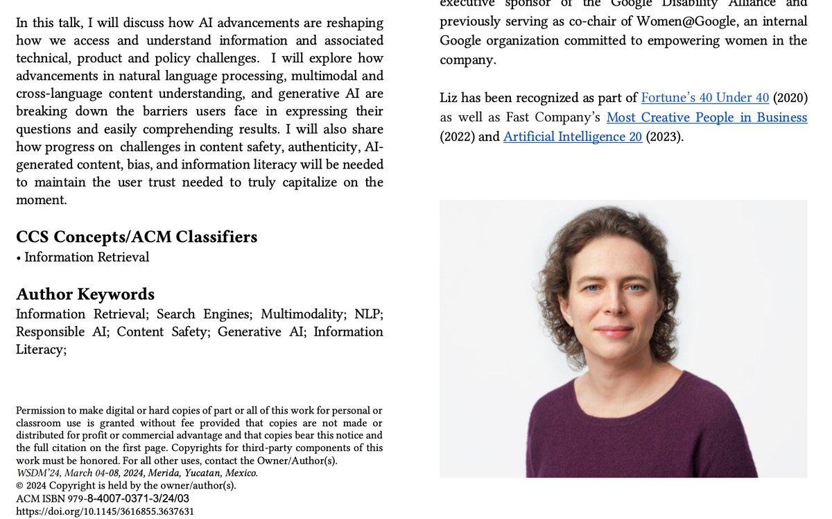 Two weeks ago one of the speakers at WSDM information retrieval conference is today announced as Head of Search at Google, Elizabeth Reid. IR is not just dusty academia or theory. It's real world search and real world information seeking behaviour and challenges.