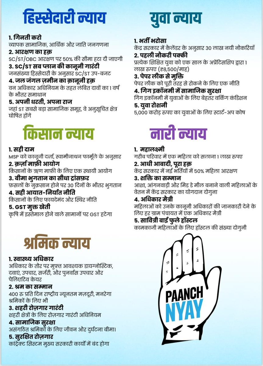 INCIndia's tweet photo. आज कांग्रेस कार्यसमिति (CWC) की बैठक में पार्टी के घोषणापत्र पर बातचीत हुई।

कांग्रेस का घोषणापत्र 1926 से ही देश के राजनीतिक इतिहास में “विश्वास और प्रतिबद्धता का दस्तावेज” माना जाता है। 

'भारत जोड़ो न्याय यात्रा' के दौरान हमने न्याय के 5 स्तंभों की बात की है, जिनकी स्थापना हमारे देश को मजबूती देगी।

👉 युवा न्याय
👉 नारी न्याय
👉 किसान न्याय
👉 श्रमिक न्याय
👉 हिस्सेदारी न्याय

इन 5 न्याय स्तंभों के तहत कांग्रेस पार्टी ने कुल 25 गारंटियां दी हैं, जो देश को 'BJP के अन्याय काल' से मुक्ति दिलाएंगी।

आने वाले चुनावों में जनता मोदी सरकार की घोषणाओं को नकार देगी, क्योंकि देश अब बदलाव चाहता है। 

हमें एकजुट होकर अपने घोषणापत्र को देश के हर घर तक पहुंचाना है और जनता को न्याय दिलाना है।

जय हिंद 🇮🇳
जय कांग्रेस✋