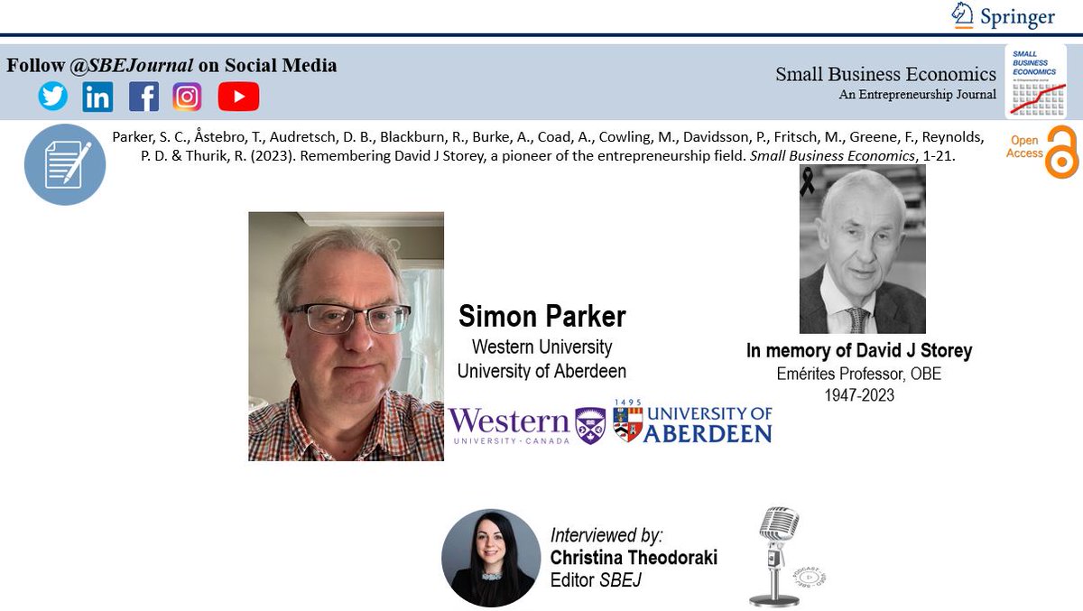 📢 Simon Parker reflects on David J Storey's contribution as a pioneer of the #entrepreneurship field 🚀 ✨✨✨

📽️ Watch the video [31:55 min] youtu.be/4EOXI-DVkDs

👉Read the Article [Download in Open Access #FreeDownload] link.springer.com/article/10.100…