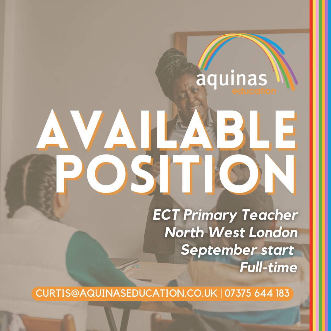 Available Positions 🌈 Our North West London team are looking for several teachers for a variety of primary roles. If you are interested in applying for these roles or would like to hear about the other fantastic opportunities available, contact Pat or Curtis today.