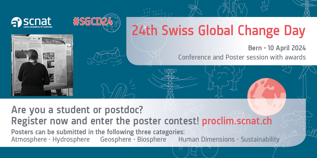 Have you already registered for the #SGCD24? Dear students and postdocs: Don't miss the chance to enter the poster contest! Register now: proclim.ch/id/EdMcf #Atmosphere #Hydrosphere #Geosphere #Biosphere #HumanDimensions #Sustainability @scnatCH @academies_ch @SAGW_CH