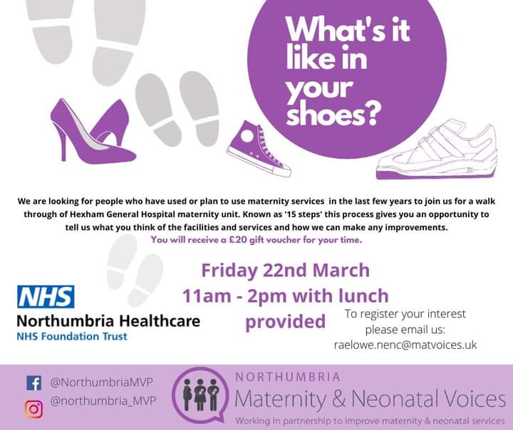 Would you like to help improve maternity experiences at Hexham hospital?

£20 gift voucher available.

This Friday - 11am, meeting outside the unit. Message or email for more info.