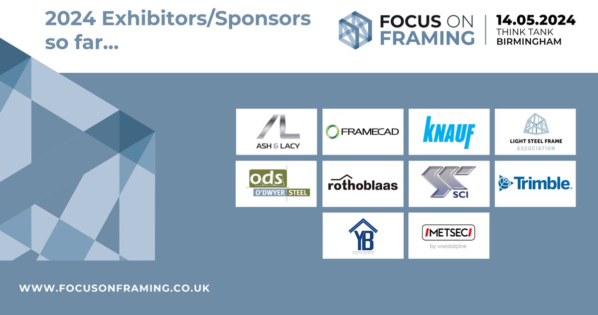 A massive thank you to all our #FocusonFraming2024exhibitors and sponsors so far @ashandlacy @FRAMECAD @Knauf_UK @LSF_Association #odwyersteel @Rothoblaas_UK @SCIsteel @TrimbleCorpNews @YBFixings @MetsecUK 👏 🎟️Book your tickets now -radarbookingsystem.co.uk/product/focus-…
