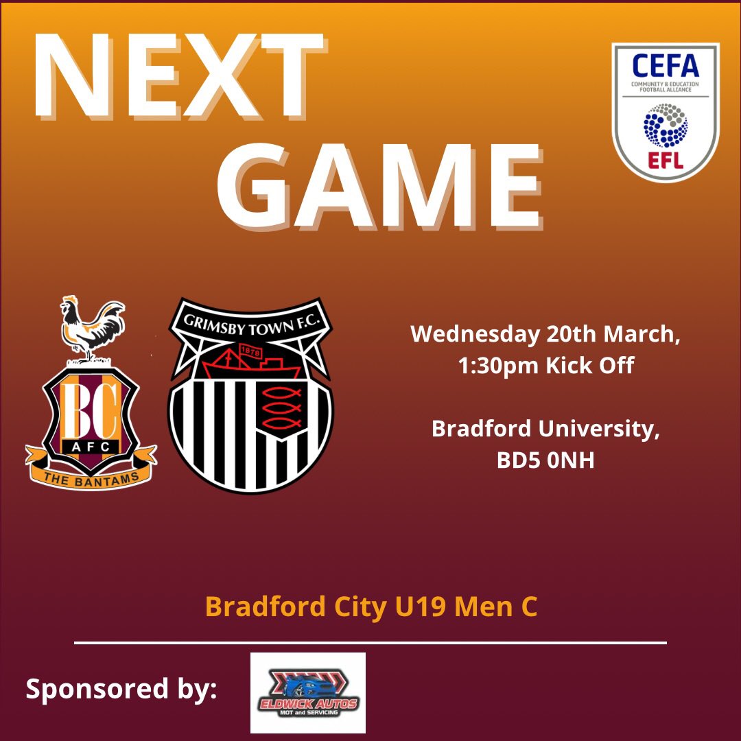 ⚽️ | FIXTURES Our U19 Men C team host Grimsby Town tomorrow looking to continue their recent positive form 🤝 Good luck lads🤞 #BCAFC | @EFLCEFA