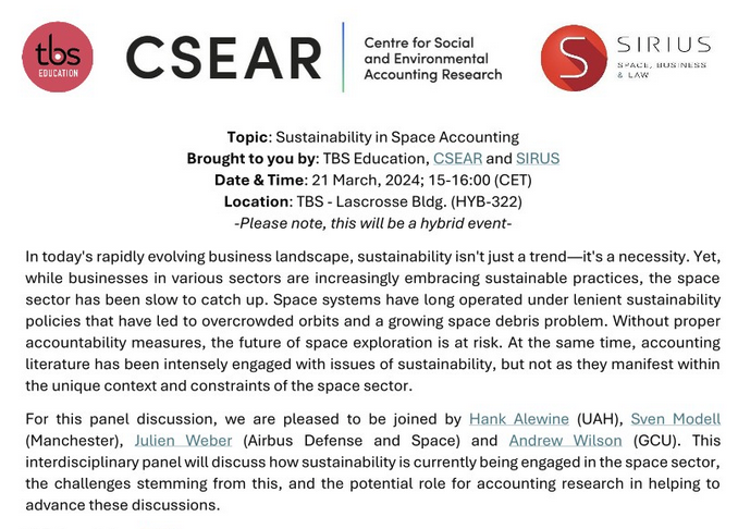 Sorola_M's tweet photo. 🚨CSEAReading group session🚨
Sustainability in Space Accounting

🗓️Thur 21 March, 2024
📌@tbs_education - (HYB-322) also online

Register here: https://t.co/Pwp0mgi5xh

@csearUK @AARNetwork @tbs_education https://t.co/fWeipwhDLG