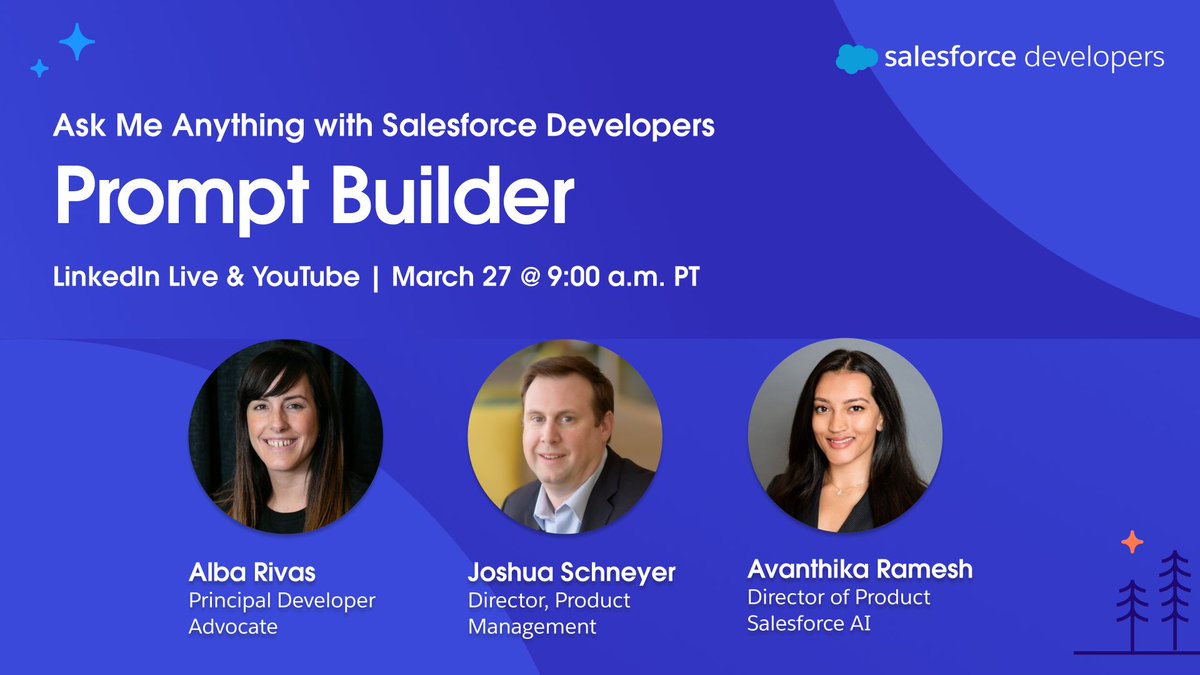 Announcing: the @SalesforceDevs Ask Me Anything Einstein 1 Studio Series! Our experts are answering your questions in our monthly 3-episode series on Prompt Builder, Copilot Builder and Model Builder. Learn more and register here: trailhead.salesforce.com/trailblazer-co…