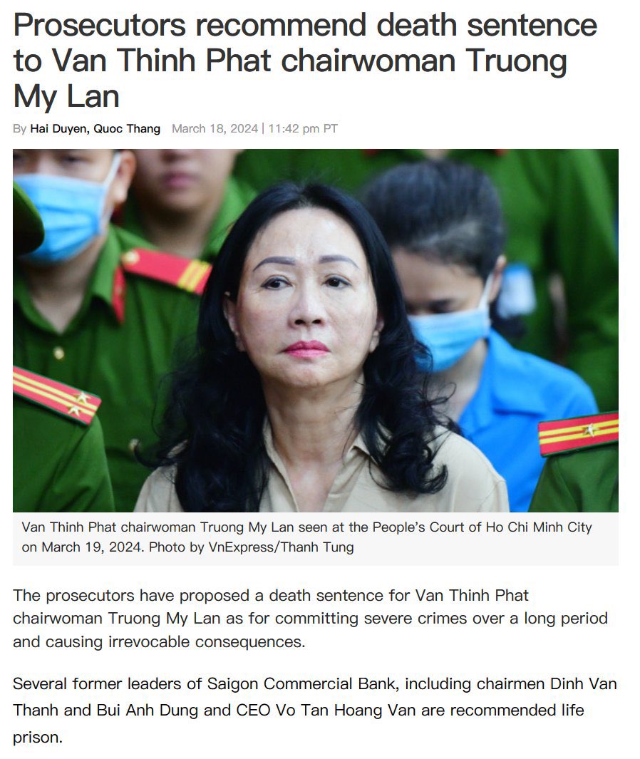 越南检方要求对越南最大金融骗局的主谋Truong My Lan（张美兰）判处死刑。 本月初，越南版“许家印”女首富张美兰涉嫌贪污、行贿、欺诈一 案开审。包括张美兰在内的近90名被告被控参与侵吞304万亿越南盾（约合886亿元人民币）的财产