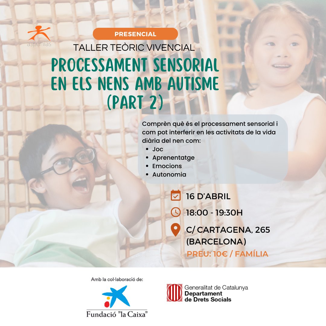 Aspanias's tweet photo. 💙Et vas quedar amb ganes de més? Arriba la segona part del taller "Processament sensorial en els nens amb autisme"!
Inscriu-te ja: https://t.co/pX4S5LPUDm
#DesenvolupamentInfantil #Aspanias #ConvocatoriesSocials2022 #FundaciólaCaixa #ProcessamentSensorial #Autisme https://t.co/26XDNLng9R