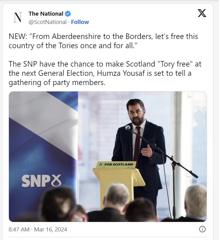 But that’s not what Humza Yousaf said on Sunday. He said he wanted to kick @ScotTories MPs ‘out of Scotland’, not ‘out of a job’
This was on the same day he made a speech saying, “from Aberdeenshire to the Borders”, he wants to make Scotland “Tory free”
x.com/david_duguid/s…