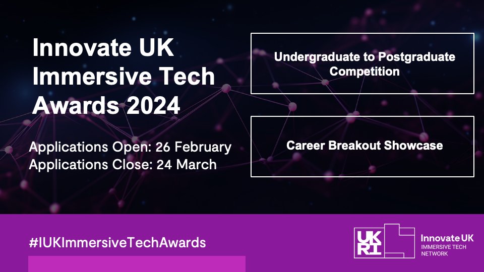 🚨DEADLINE EXTENDED🚨
Due to popular demand we have extended the deadline for the Innovate UK Immersive Tech Awards to 24 March!
This week is your last chance to apply!
Read more about the awards: iuk.immersivetechnetwork.org/awards/
Apply: awards.immersivetechnetwork.org
#IUKImmersiveTechAwards