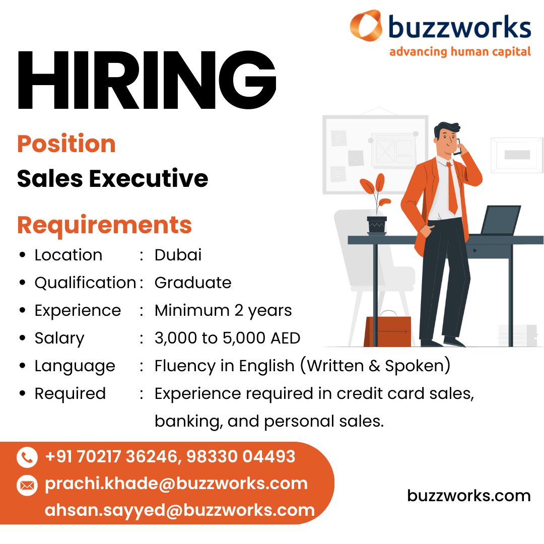 buzzworksdotcom's tweet photo. Join our team as a Sales Executive in Dubai! Are you a graduate with a minimum of 2 years of experience in credit card sales, banking, or personal sales?

#buzzworks #hiring #wearehiring #jobs #job #hiringnow #hiringjobs #hiring2024 #uaejobs #dubaijobs #saudi #saudiarabia https://t.co/EdJ6PUfpgI