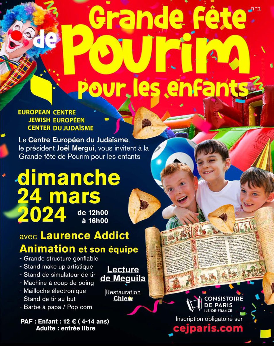 Grande fête de Pourim pour les enfants au CEJ ce dimanche ! 🎉 Inscrivez-vous dès maintenant juste ici : 👉 consistoire.org/cej-fete-des-e…