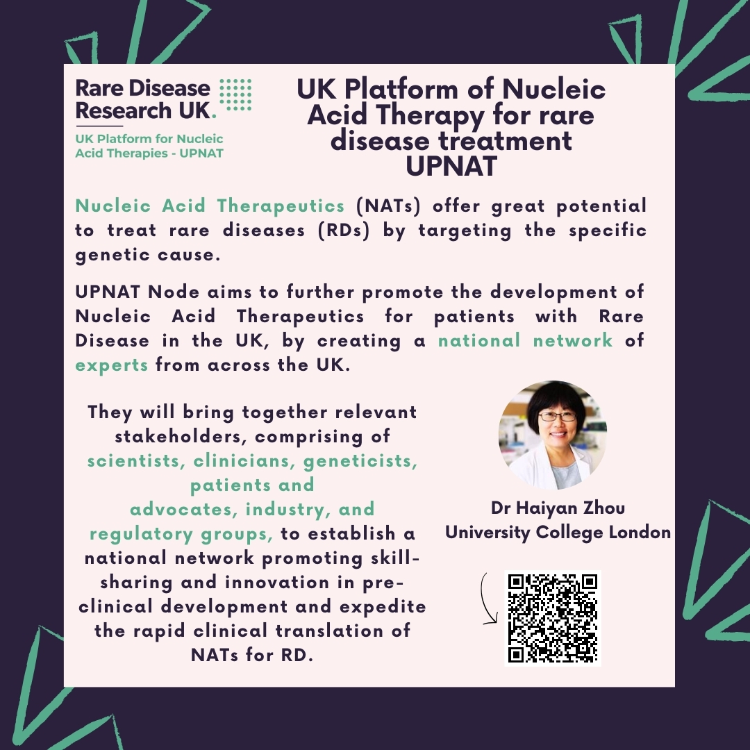 Rare Disease Research UK (@rdrukhub) on Twitter photo 📌Meet the #UPNAT Node! Led by <a href="/lab_zhou/">Dr Haiyan Zhou</a>, they aim to provide the UK with a roadmap for rapid bench-to-bedside translation of Nucleic Acid Therapeutics for #raredisease.
#RareDiseaseResearch 📌Meet the #UPNAT Node! Led by <a href="/lab_zhou/">Dr Haiyan Zhou</a>, they aim to provide the UK with a roadmap for rapid bench-to-bedside translation of Nucleic Acid Therapeutics for #raredisease.
#RareDiseaseResearch