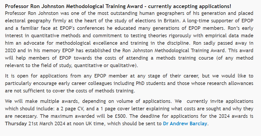 Would you like to receive up to £500 towards the cost of attending a methods course? Then apply for EPOP's Ron Johnston Methodological Training Award. 🚨Just 2 days left until the application deadline 🚨 For further details, see our website: psa.ac.uk/specialist-gro…