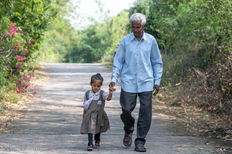 Do you remember how you went to school every morning? For three-year-old Kavya in India, it's a walk with her grandfather. While her parents are busy working on the farm, her grandparents make sure that she does not miss out on her education. #ItTakesAVillage