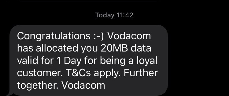 Greetings Vodacom. What can any customer do with 20MB these days? Why aren’t you giving us at least  500MB for be loyal customers. This is a joke.