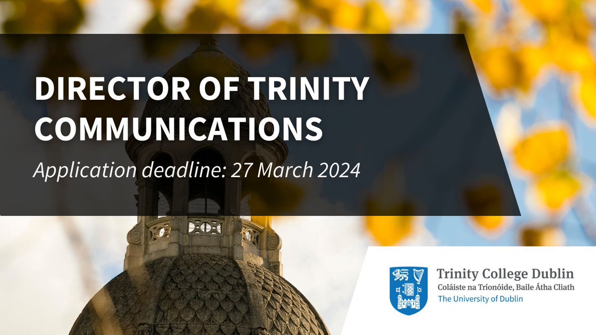 We are seeking to hire a Director of Trinity Communications with an ambitious and exciting vision for the future of communications in Trinity College Dublin. 👉 tcd.ie/vacancies/Dire… Application deadline: 27 March 2024