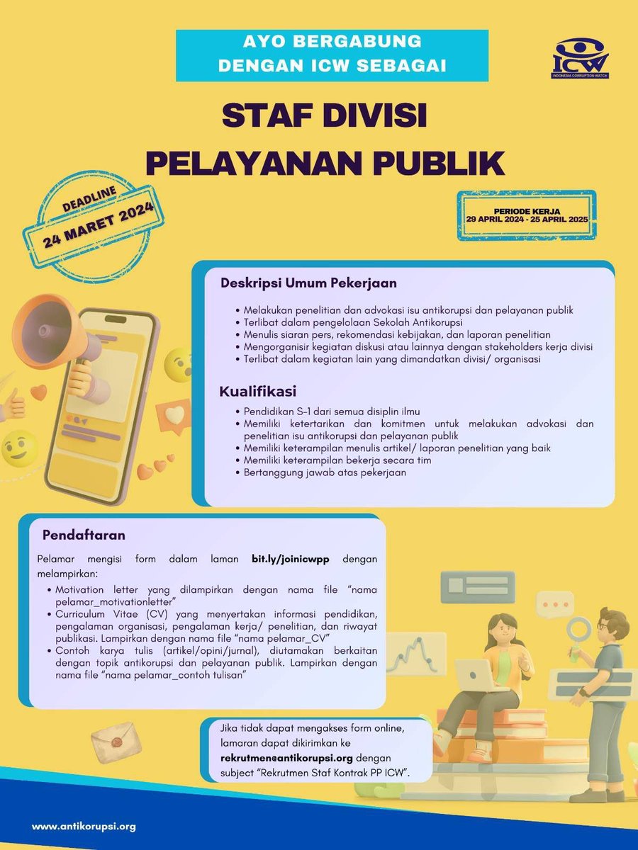 Kesempatan bergabung dengan ICW sebagai staf Divisi Kampanye Publik dan Divisi Pelayanan Publik Yuk gabung bersama kami dalam gerakan antikorupsi! #oprec #recruitmenticw #kerjango #lowongankerja