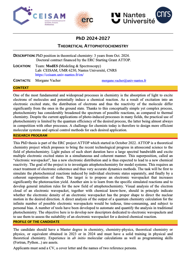 PhD position available in my group @CeisamLab @NantesUniv @CNRS about theoretical photochemistry and attochemistry, funded by the @ERC_Research Starting Grant project ATTOP. Join us! Please RT. #compchem @RFCTheo @ModSim_DCP @GdR_UP