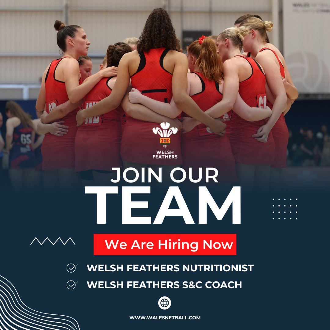 📢Applications for Welsh Feather Strength & Conditioning Coach and Nutritionist close tomorrow! 📢 Head to walesnetball.com/job-vacancies/ to apply.