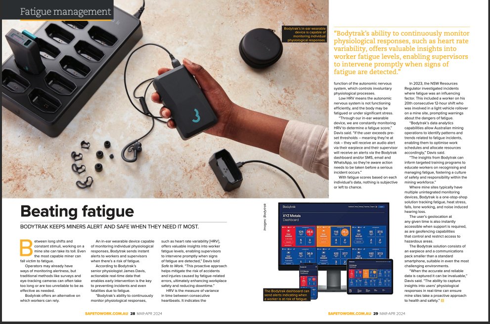 💡Beat fatigue-induced accidents in mining with Bodytrak's wearable monitoring solution. Learn more in @safetowork: issuu.com/primecreativem… ⛏️ #MiningSafety