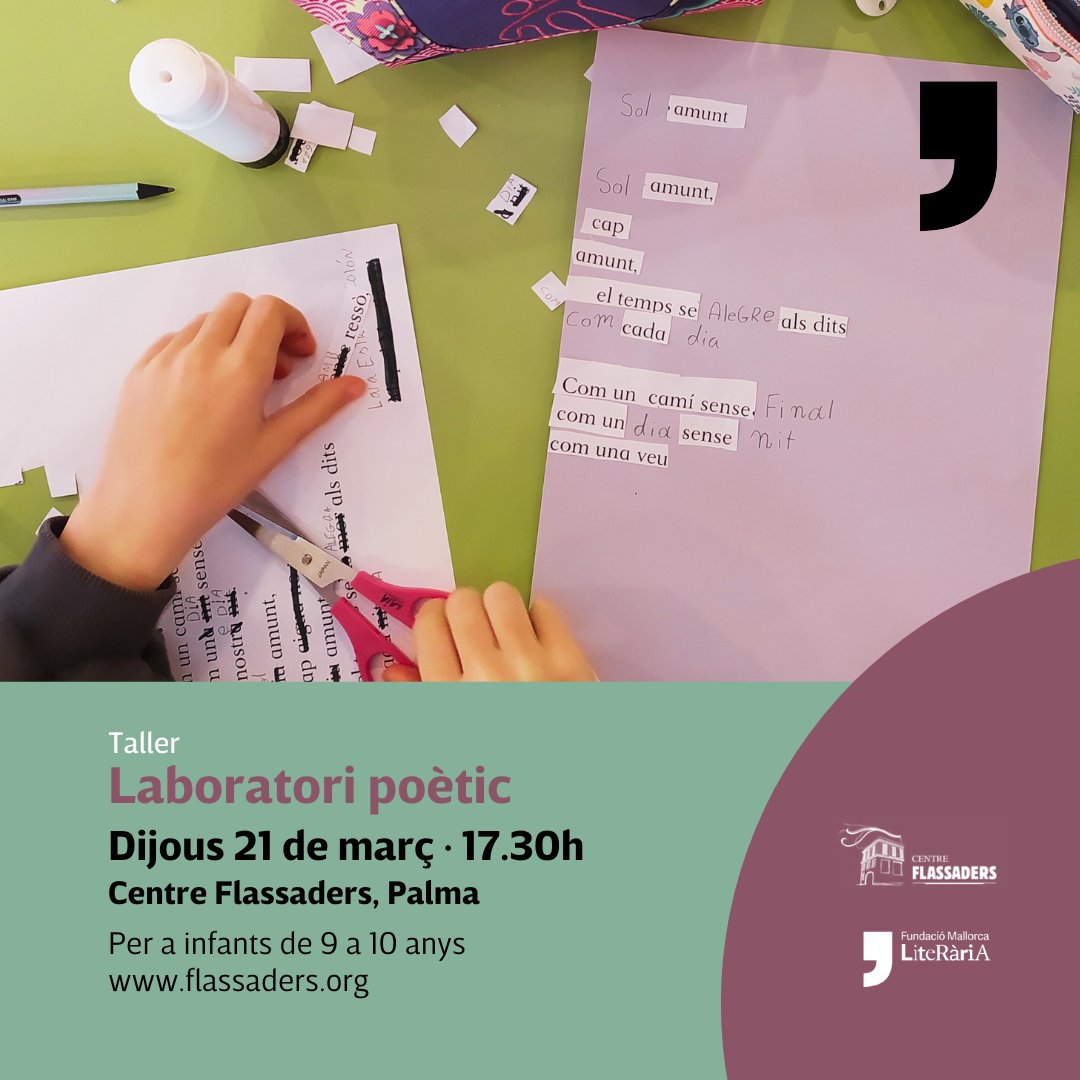 Dijous 21 és el #DiaMundialdelaPoesia 💛 i, per celebrar-ho, convidam els més petits a descobrir-la com a experiència creativa! 🤸‍♀️ Com? Amb el taller Laboratori Poètic que farem a @Flassaders ✨ Inscripcions gratuïtes a flassaders.org/events/poesia/