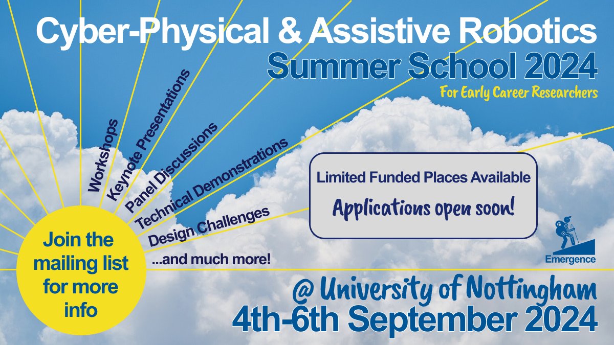 Are you an ECR? Interested in cyber-physical &amp; assistive robotics? You might be interested in finding out more about our upcoming Summer School

When? 4th-6th September 2024
Where? University of Nottingham

Find out more! emergencerobotics.net/events-and-net…