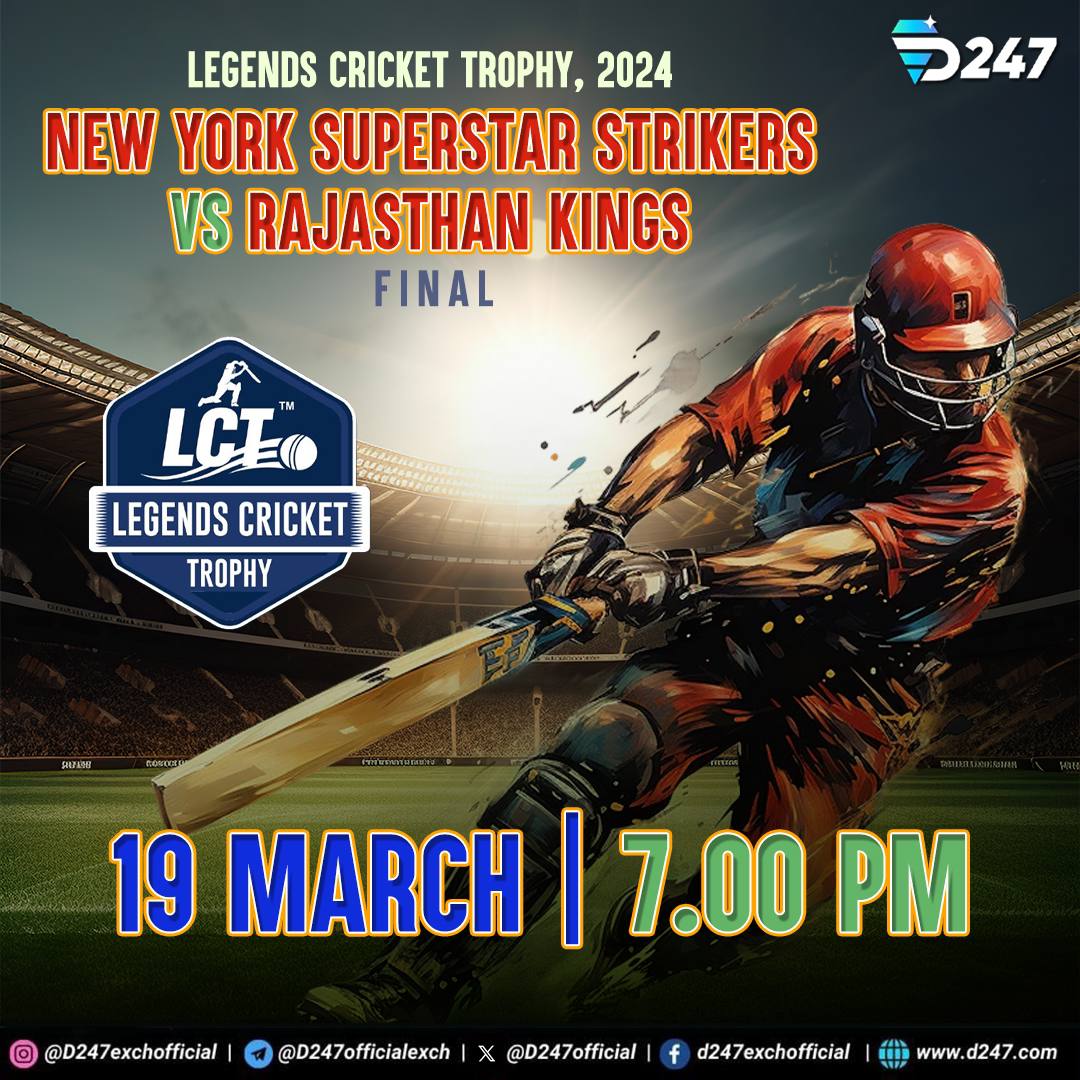 LCT - FINAL

New York Superstar Strikers vs Rajasthan Kings 
Match Starts @ 07:00 PM

Play On All Markets, Best Odds For The Huge Winnings.

Play Now To Win With D247.

#lct #lct90balls #matchday #playnow #final #winbig #followback #d247 #cricket