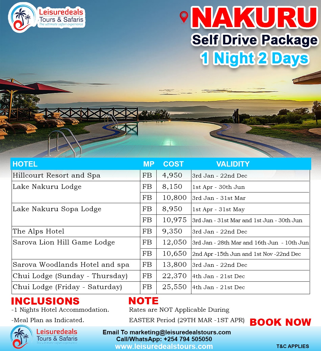 Take a short, quick and fund trip with your family at Lake Nakuru this weekend! Enjoy the peace and comfort on a wide range of hotels at exciting rates.

#Leisuredealstours #lipapolepole #2024rates #bushholidaypackages #safarivacation
#nakuruholiday #HolidayIdeas #lakenakuru