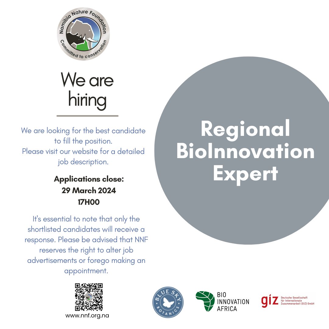 The ABRIVA II project seeks to hire a REGIONAL BIOINNOVATION EXPERT to work on establishing an ABS-compliant value chain in Namibia, focusing on community involvement. More information about the project, as well as the Terms of Reference ➡️ nnf.org.na/index.php/work…