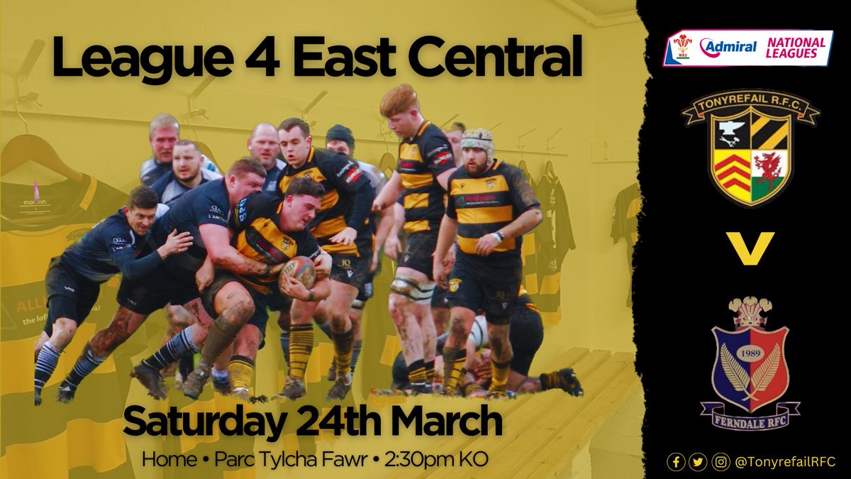 🚨FIXTURE ALERT🚨 Back to business in a valley derby this weekend on Parc Tylcha Fawr The in form Ferndale RFC pay us a visit in what should be a lively encounter! Come and support the boys as they look to keep the pressure on Llantwit Major at the top of the table!! 🖤🧡