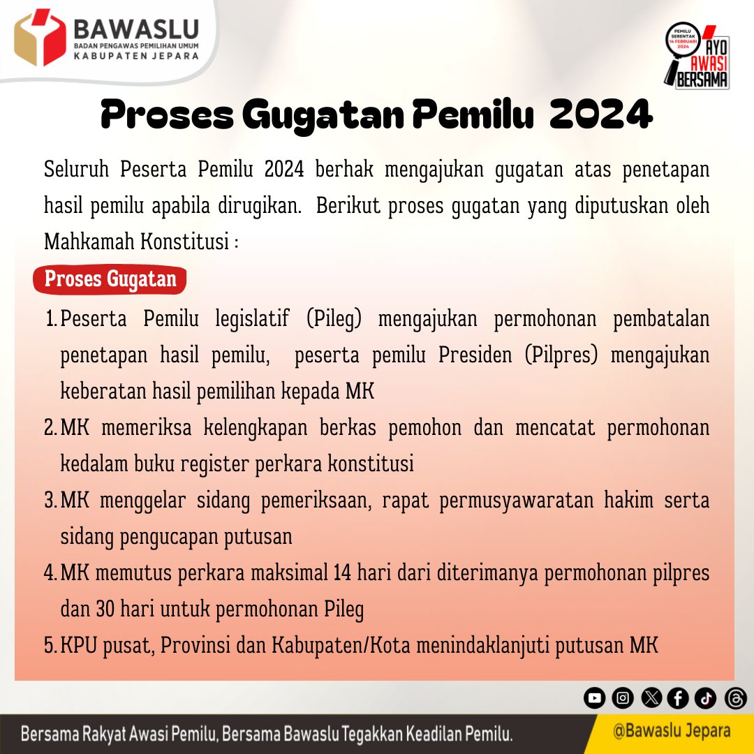 #SahabatBawaslu yuk simak bagaimana proses gugatan Pemilu 2024 di Mahkamah Konstitusi

#bawaslu #bawaslujateng #bawaslujepara #AyoAwasiBersama #PemiluSerentak2024 #bawaslumengawasi #cegahawasitindak