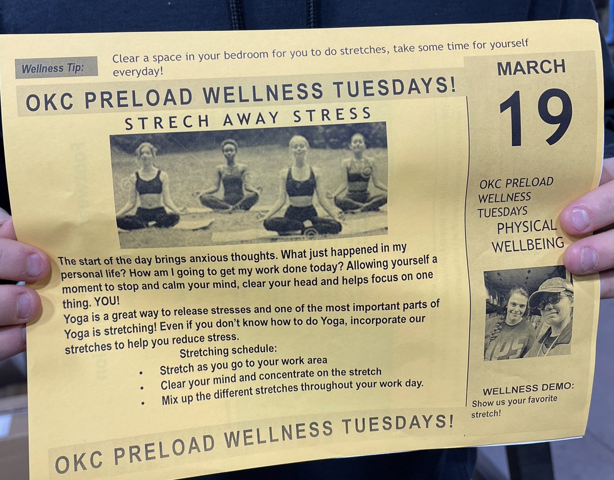 okc_preload's tweet photo. Goooooood #WellnessTuesday #OKC #Preload Jackson has #PCM over stretching your stress away! You can be fancy & do Yoga or you can just do regular stretches this releases stress from your mind & body! Spring is almost here start your #Recharge #GetHydrated #UPS https://t.co/EIqeEoubB0