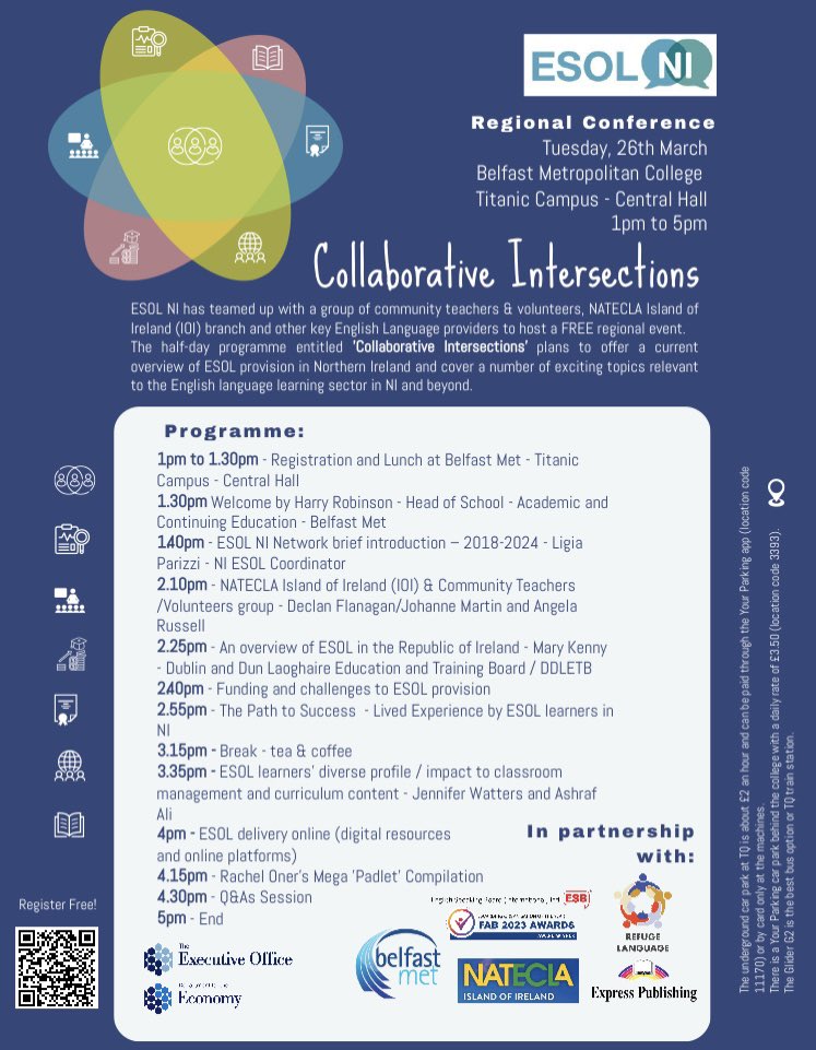 Updated programme for the #ESOLNI conference (in person). Only a few places left. 
26 Mar (Tues) at 1pm 🗓️
Stalls by ESB, Express Publishing, NATECLA IOI and Belfast Met careers services. Exhibition of ’Success Stories’ featuring ESOL students’ inspirational journeys in NI.