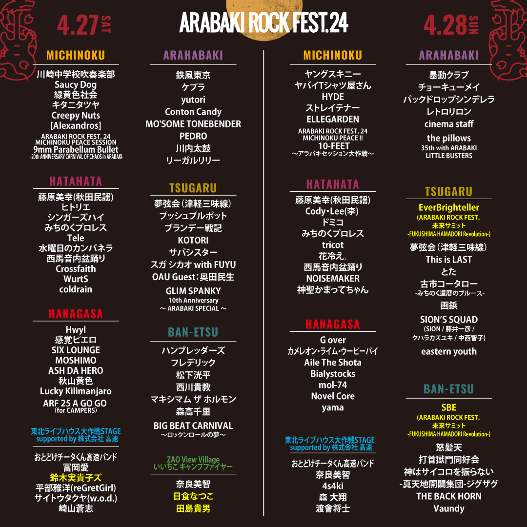 ARABAKIROCKFEST's tweet photo. 🔥🐉ARABAKI ROCK FEST.24🔥🐉

⧸⧸☡☡☡⚡️⚡︎⚡︎

お待たせ致しました！
タイムテーブル発表です。　

⧹⧹☡☡☡⚡️⚡︎⚡︎
そして、その他の発表も盛り沢山 ♪♪

・追加出演アーティスト発表!!
・荒吐スペシャルセッションゲスト発表!!
　　⚡︎　BIG BEAT CARNIVAL ~ロックンロールの夢~
　　⚡︎　GLIM SPANKY 10th Anniversary ~ ARABAKI SPECIAL ~
　　⚡︎　the pillows 35th with ARABAKI LITTLE BUSTERS
　　⚡︎　古市コータロー -みちのく還暦のブルース-

・「Glico presents THE BACK HORN 松田晋二の夜更けの囁き 公開収録 supported by ARABAKI ROCK FEST. AFTER PARTY」開催決定!!

・オフィシャルグッズ＆コラボグッズ 事前販売開始!!
・オッシュマンズ仙台店でのグッズ 販売会決定!!

【発表の詳細はｺﾁﾗ!!!】
　　↯↯↯
https://t.co/bmMBAe5rZx

#アラバキ