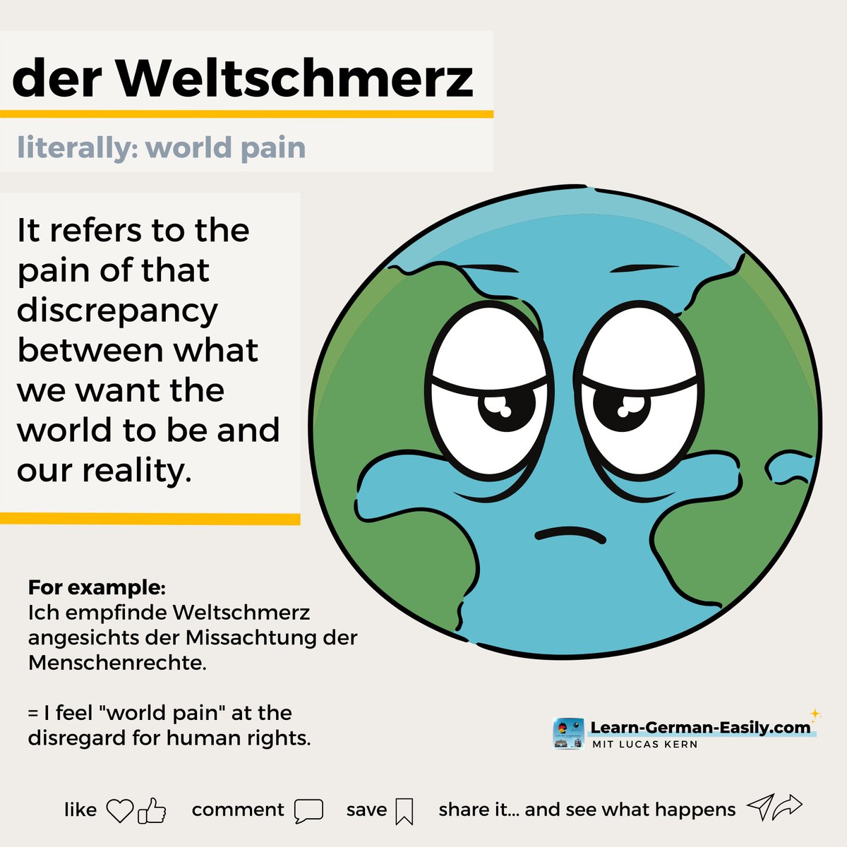 LearnXDGerman's tweet image. 🇩🇪

😟🌍😞 We all try to stay positive, but sometimes our expectations of the world do not match reality.

This makes us feel &apos;world pain&apos;.

More fun German words:
learn-german-easily.com/fun-german-wor…

___
#learninggerman #germanword #germanisfun