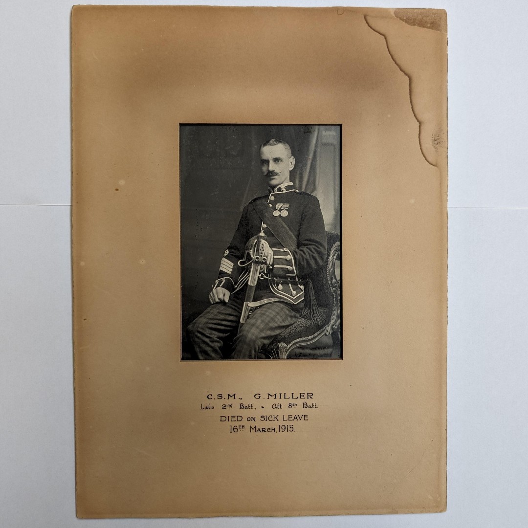 This is a photo of Company Sergeant Major George Miller, late 2nd Battalion, attached 8th Battalion, Black Watch. Miller has been photographed in military dress uniform holding a broadsword. He died whilst on sick leave on 16th March 1915.

#TheBlackWatch #WW1 #bwmuseum #archive