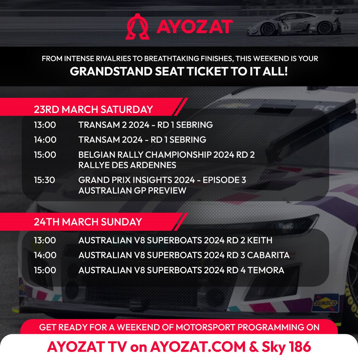 Get ready to rev your engines! Join us this weekend starting at 1 PM on AYOZAT TV at ayozat.com and Sky 186 for an adrenaline-packed lineup of motorsport action!
#motorsport #cars #racing #action #weekendracing