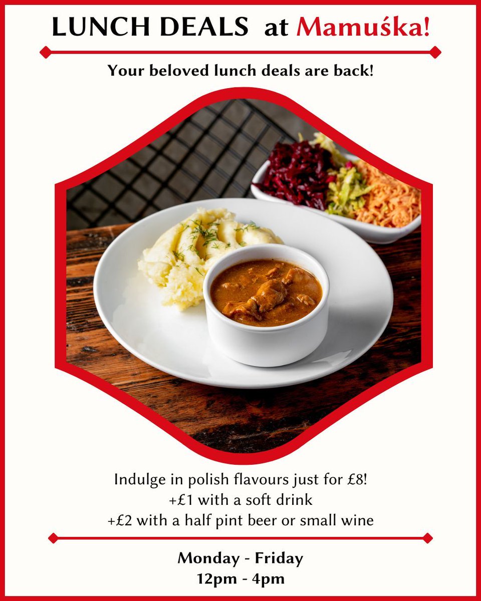 Missed our regular lunch deals? They're back! 🍴 From Monday to Friday, 12pm to 4pm, dive into your favorite dishes from our regular menu. Have you been waiting for this? #LunchDeals #BackOnMenu #Mamuska