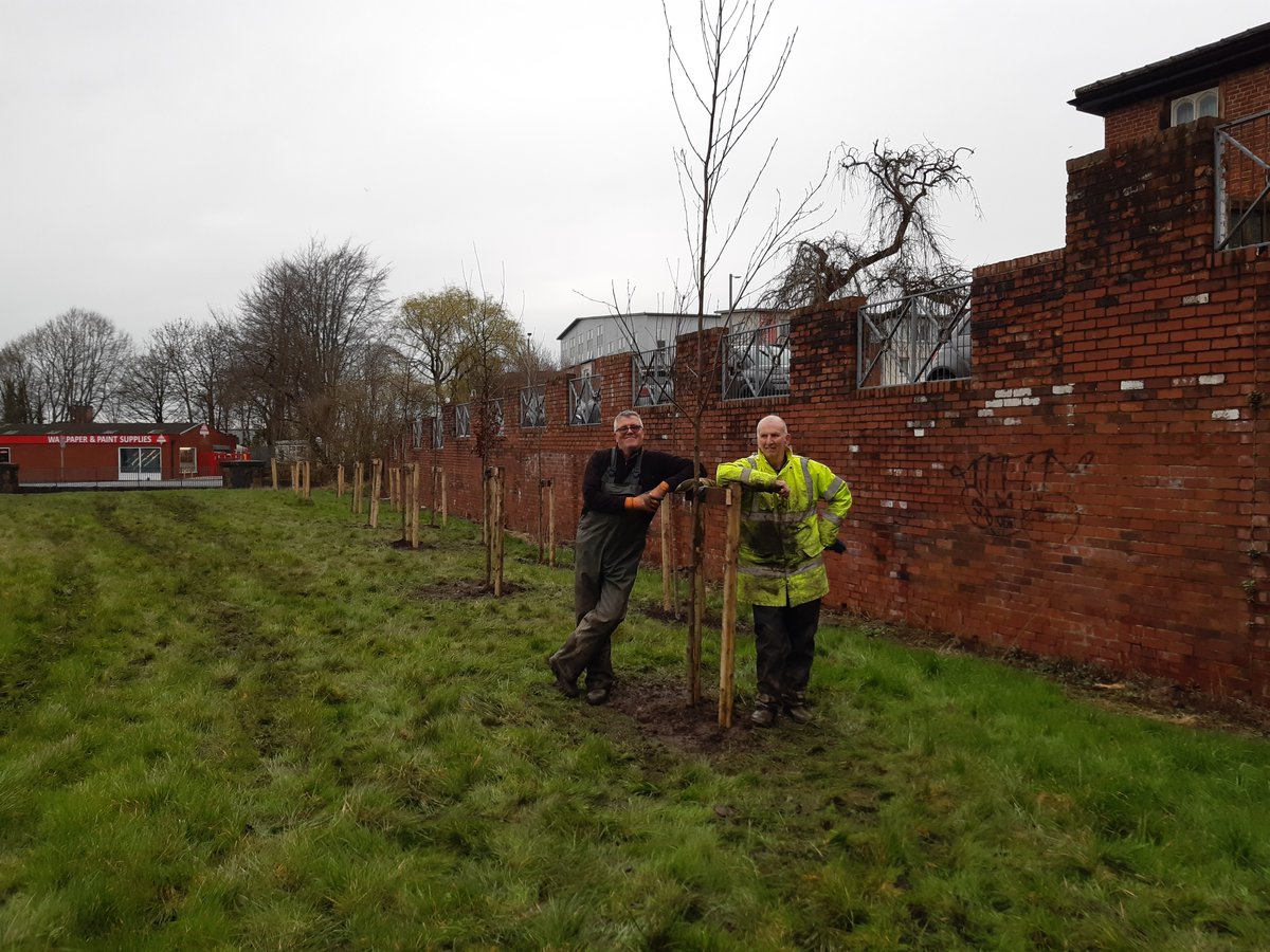 Volunteers Ian & Michael helped us hand plant the remaining trees @Maudland Bank,Preston. The field has been too wet to access with a digger to finish planting large landscape trees. 19 trees were planted at this @PrestonCouncil site to enhance this urban greenspace for wildlife.