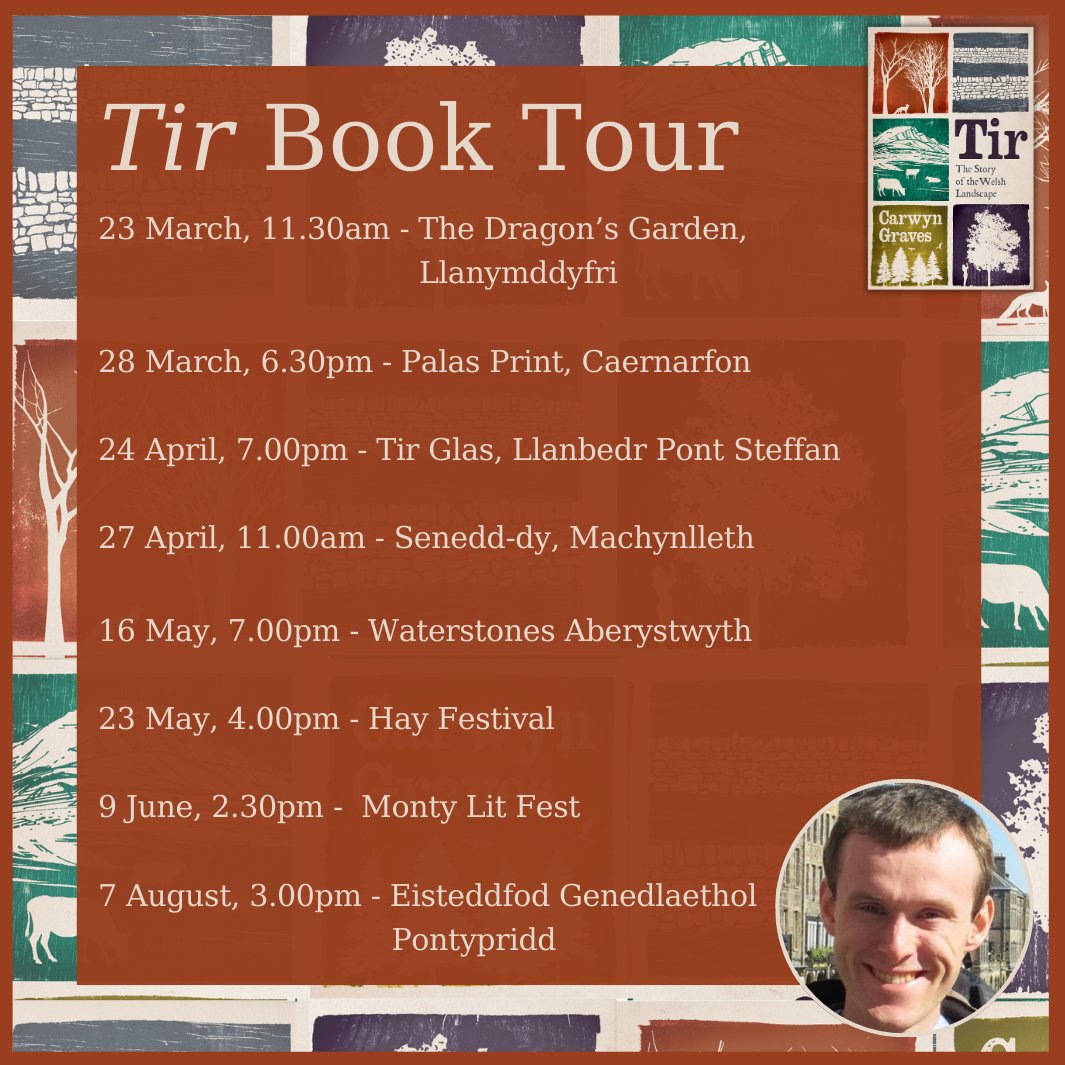 Taith Tir! Tir Tour! Mae mwy fyth o gyfleoedd i glywed am y gyfrol amserol hon! You have even more opportunities to hear @carwyn_graves speak about his important and fascinating book 'Tir: The Story of the Welsh Landscape'! Out this Thursday 📚