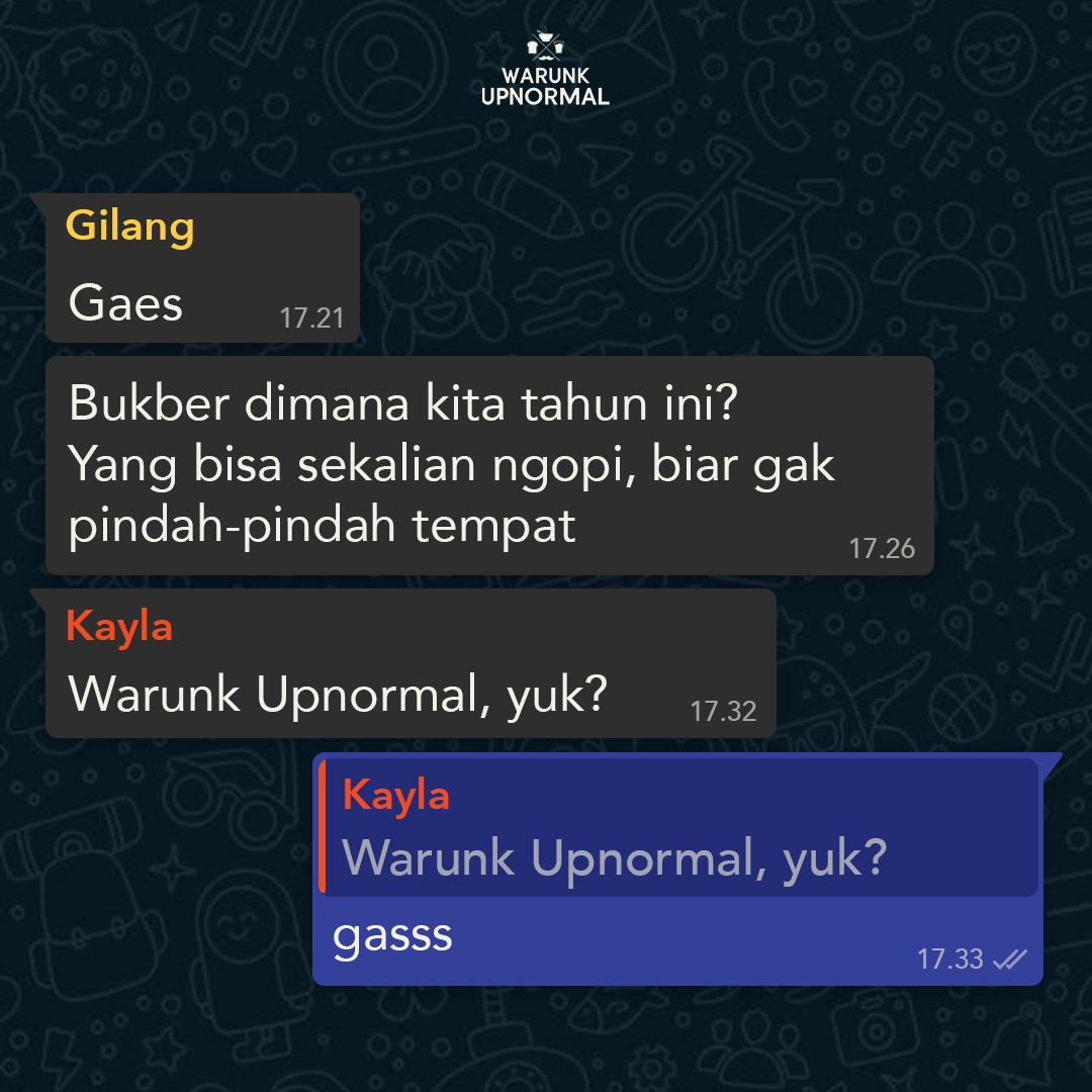 Baru minggu pertama puasa, tapi grup Whatsapp udah rame ngobrolin bukber👀

Yang masih pada bingung mau bukber dimana, tenang! Ada #WarunkUpnormal yang selalu jadi solusi! Makan enak, kopi nikmat, plus bisa nongkrong sepuasnya👉😙👈Ketemu dan ngobrol sama temen jadi makin seru!