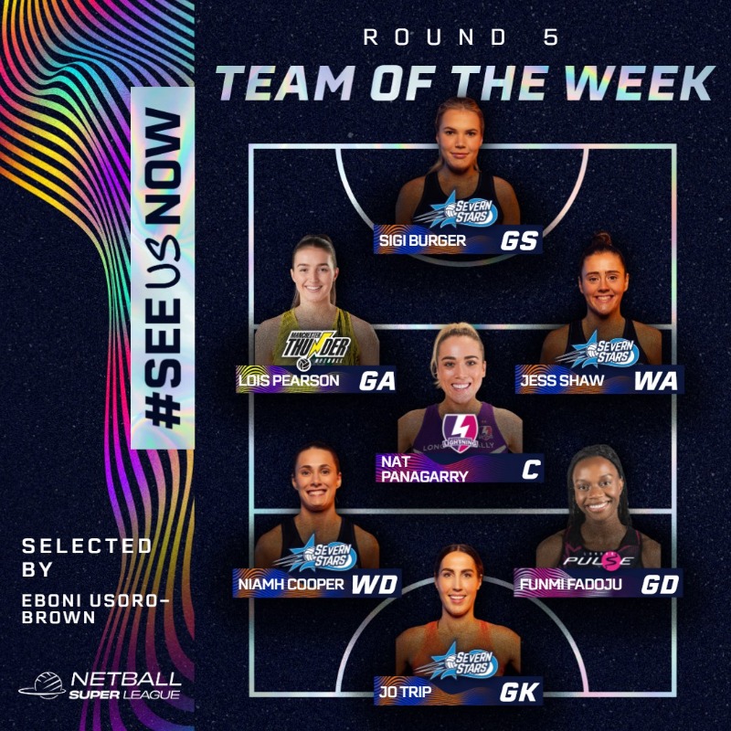 Team of the Week: Round 5 Edition 🖐️ 👇 @EboniBChambers has chosen her starting seven following Round 5. @SevernStars, @LboroLightning, @thundernetball and @Pulse_Netball all feature this week 🤩