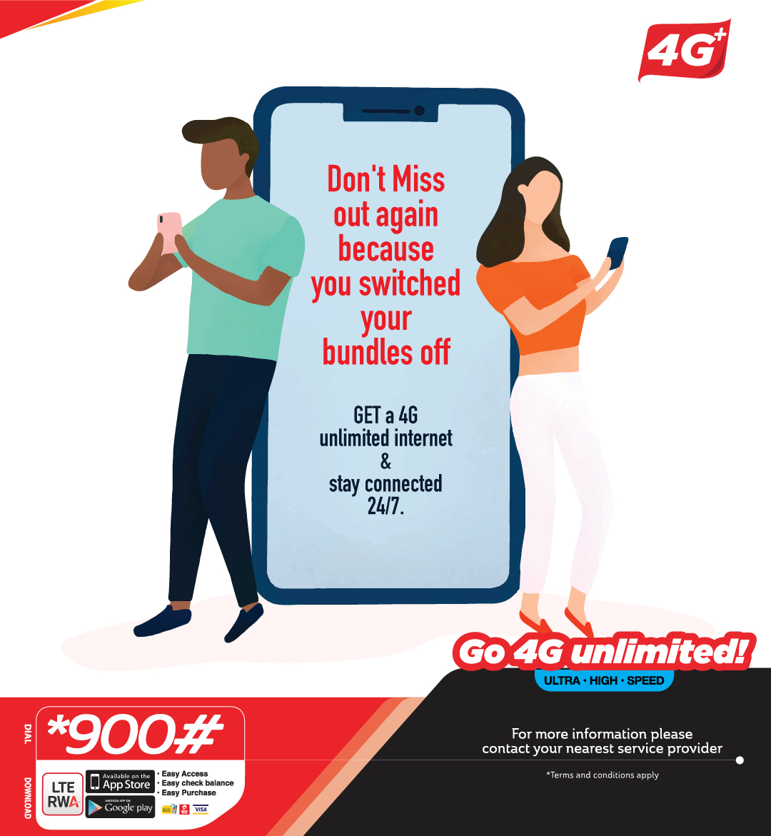 ktRwanda's tweet photo. Do not miss out again because you switched your bundles off.
Get yourself a 4G SimCard Today, & stay connected 24/7 with 4G unlimited internet.
https://t.co/3EOxvxq68M
#LTESpeed #Unlimiteddata #affordableplans. https://t.co/icawp78l1e
